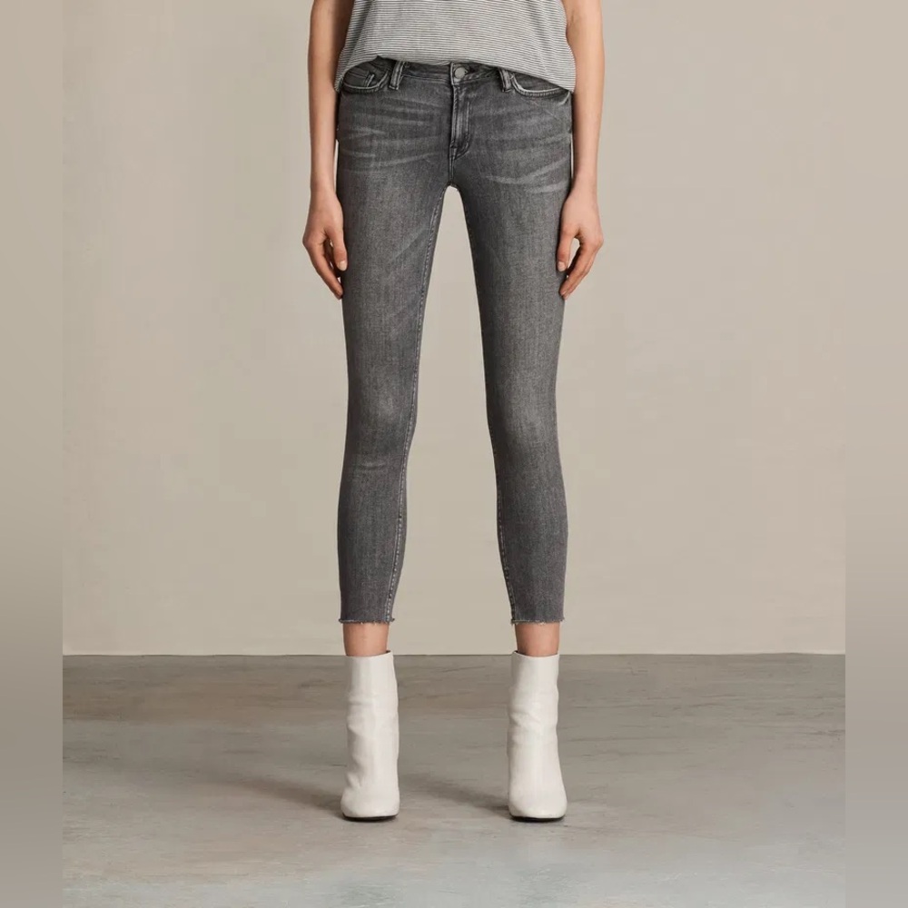 ALL SAINTS Mast Low Mid Rise Crop Skinny Jean Medium Grey Raw Hem Stretch Denim